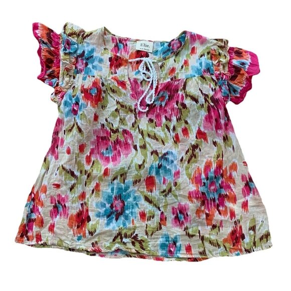 Elie Tahari Medium Floral Watercolor Flutter Sleeve 100% Cotton Blouse Top - Picture 1 of 8